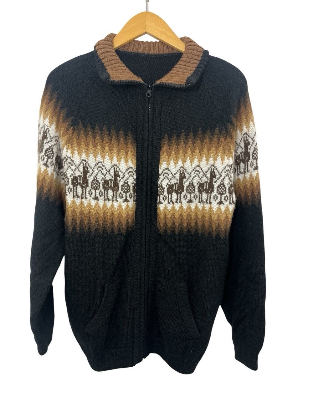Alpaca Sweater Zip Wool Llama Print Women’s Mock Turtleneck Black Folk Bohemian